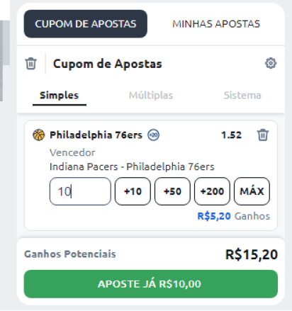 Cupom de uma aposta em basquete no site da Betano com moneyline. 